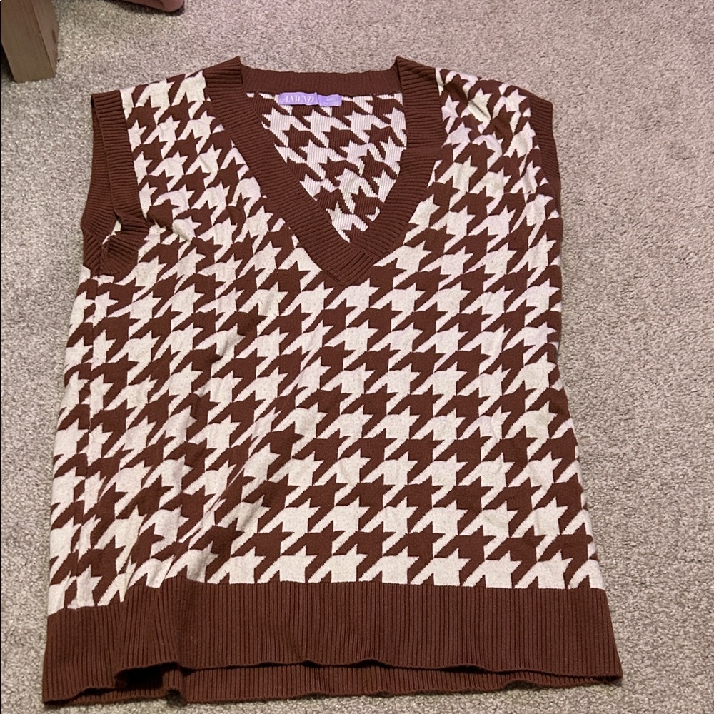 Brown and Cream Houndstooth Sweater Vest